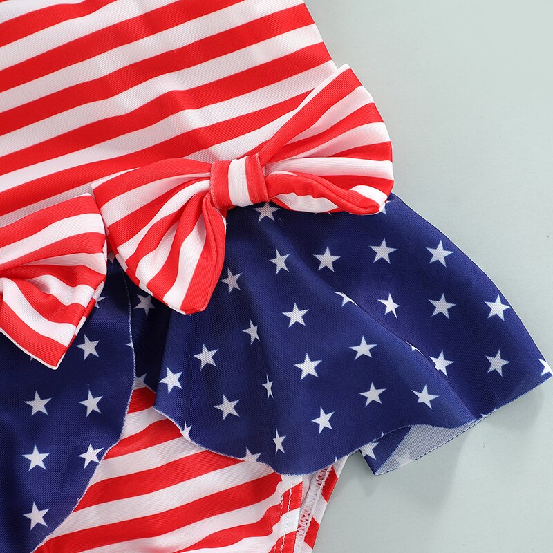 Kid Girl Swimming Bikini Outfit Independent Day Striped Star Print Summer Beach Bow Ruffle Bodysuit Swimsuit