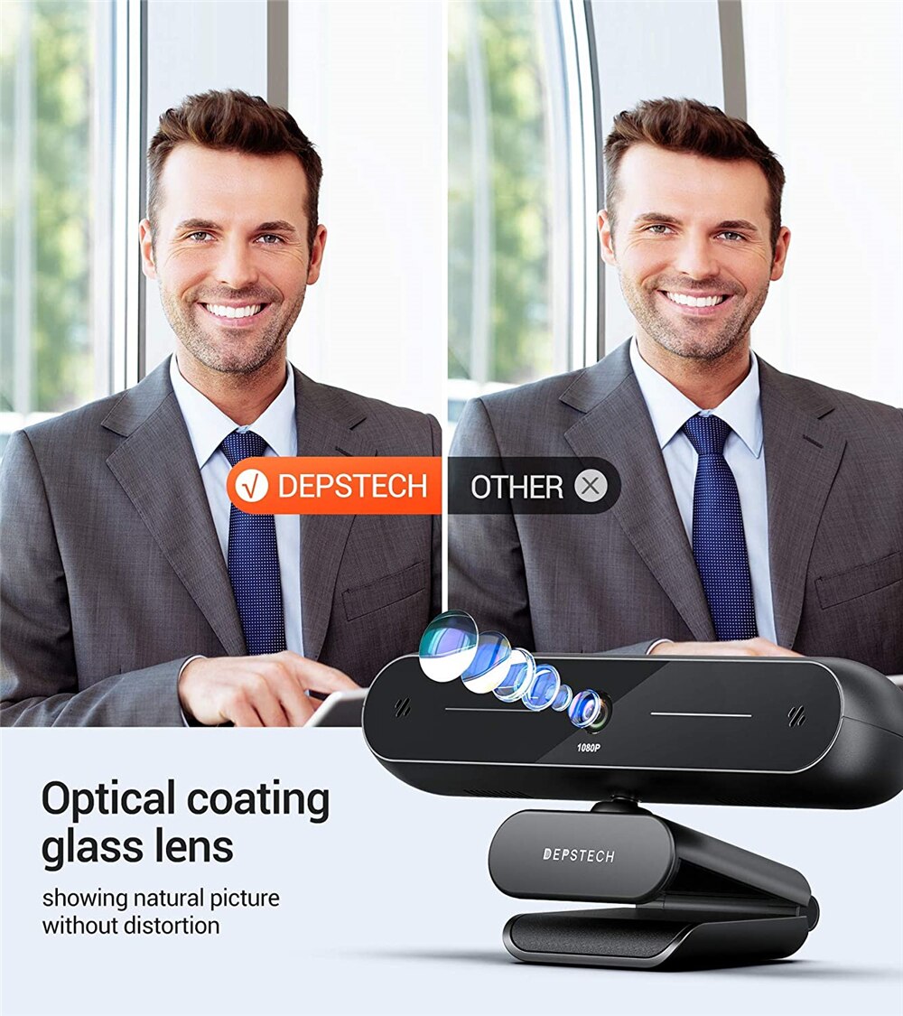 DEPSTECH 1080P 30fps Webcam with Dual Microphone Cover and Tripod Auto Light Correct USB Mini Web Camera for PC Desktop Laptop