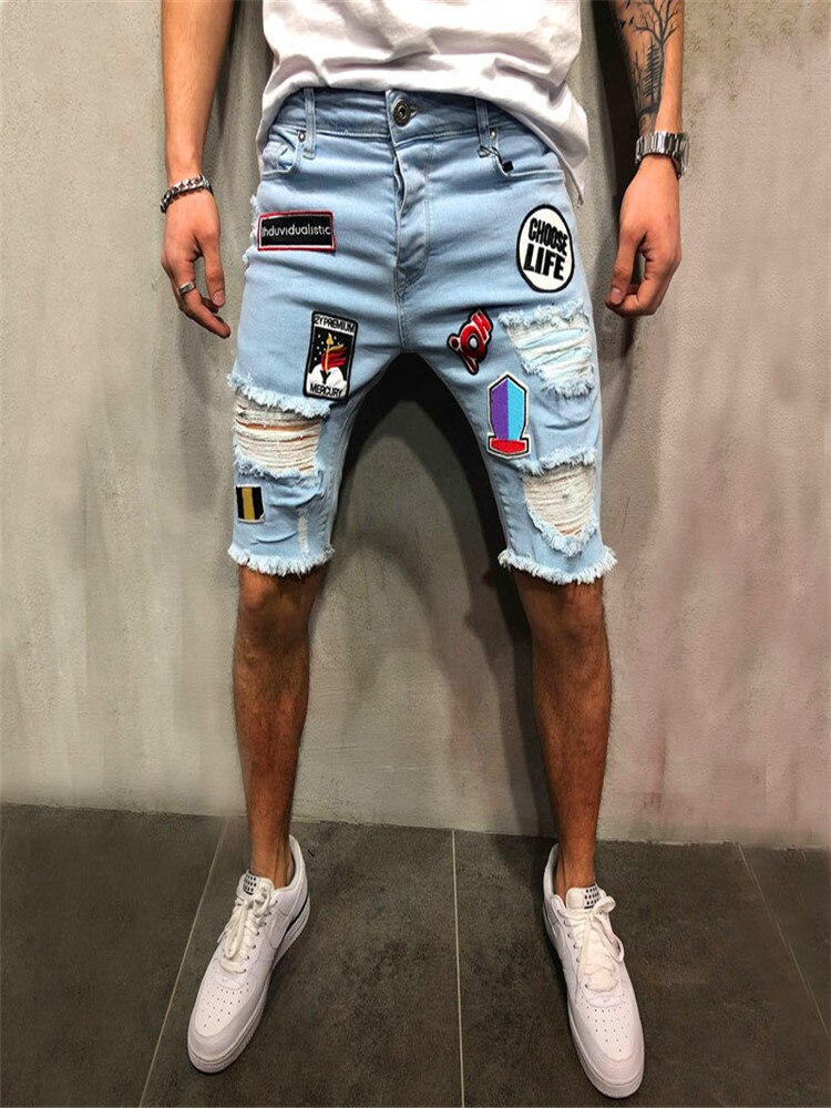 Spring And Summer Men's Stretch Short Jeans Casual Slim Fit Jeans Elastic Badge Broken Hole Denim Short