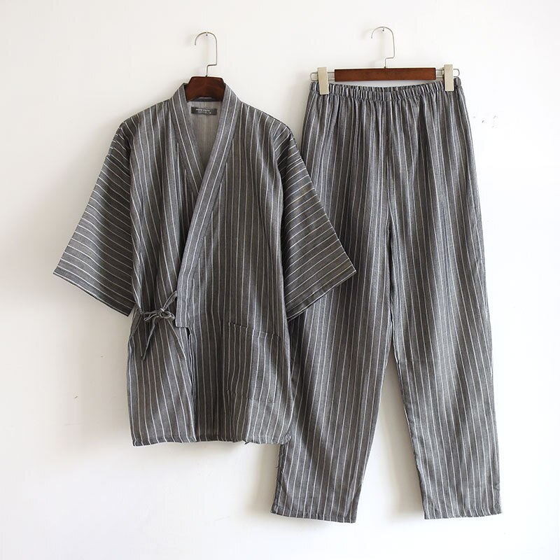 Plus Size Japanse Pyjama Sets Heren Gestreepte P Mannelijke 100% Katoen Spa Robe Sets Voor Mannelijke Boxer Kimono Robes Mannen thuis Hombre: Gray / L