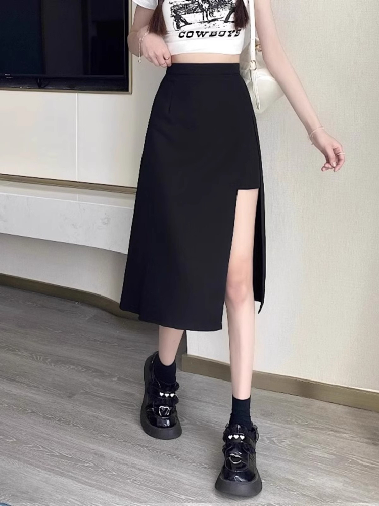 2023 nowy spódnica biodrówka z wysokim stanem nieregularna z rozcięciem czarna spódnica dla kobiet letnia odzież damska w stylu A-line w stylu A-line w stylu Vintage