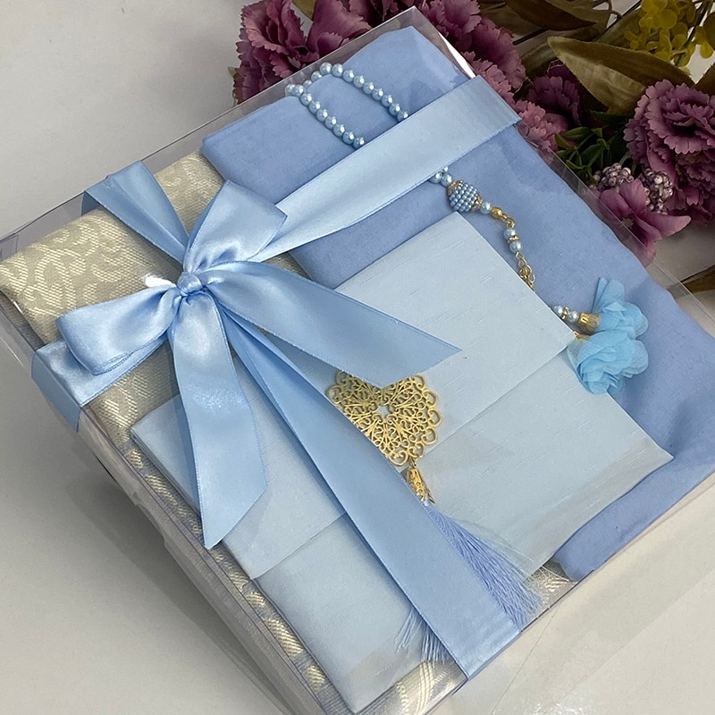 Ensemble de islamiques, tapis de prière blanc, en velours, livre Yaseen Tasbeeh, châle, faveurs du Coran, fête des mères musulmanes, Ramadan: Blue
