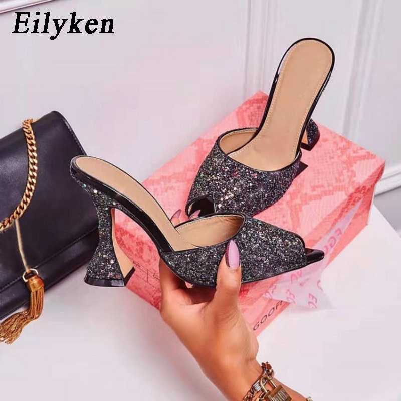 Eilyken verano nuevos zapatos mujer LICRA mulas fluorescentes purpurina Peep toe Slides zapatillas de tacón alto deslizamiento en sandalias de
