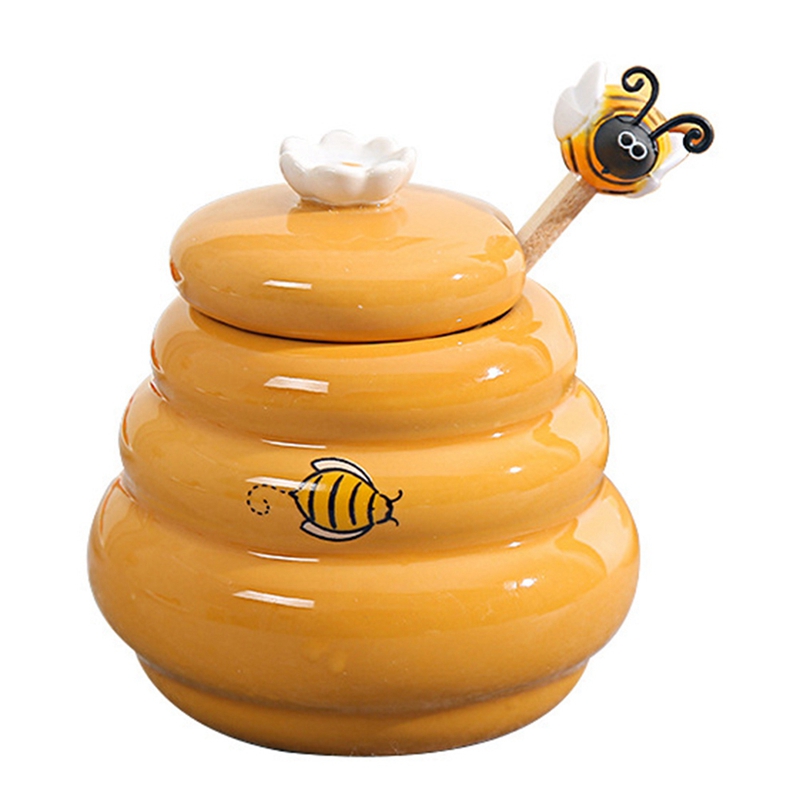 Ceramic Beehive Honey Pot and Wooden Dipper Honey Jar with Lid Honey Stir Bar for Honey Jar Supplies Kitchen Accessories: Default Title