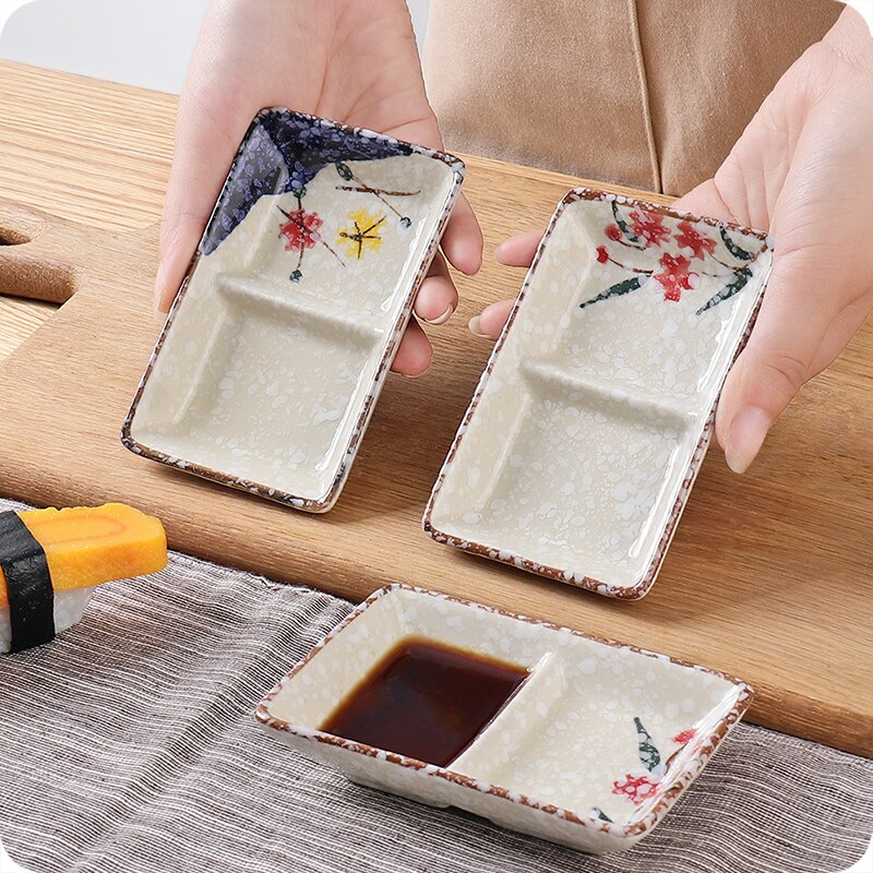 Japanese 2 Grids Ceramic Sauce Dish Home Soy Dish Plum Small Dish
