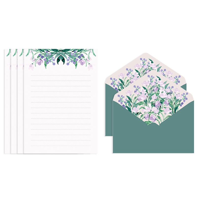 Letter Paper Stationery Kit Flower Envelope Set with 4 Letter Papers Ideal for Wedding Party Invitation Greeting Letters: Purple Malflower