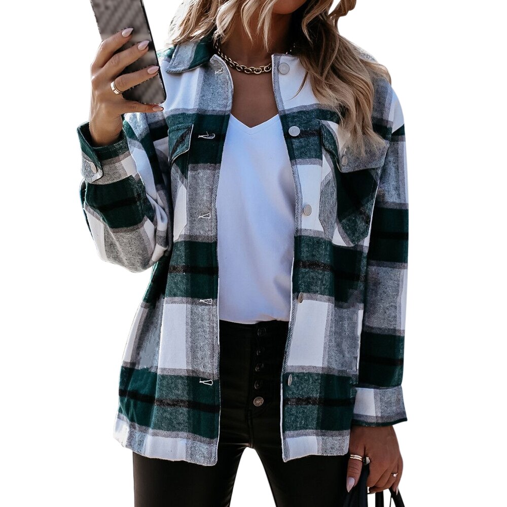 Winter Khaki Plaid Jacket Coat Women Streetwear Long Leeve Thick Wool Coat Pocket Oversized Lapel Autumn Shirts Coats: Khaki / Asian Size XL
