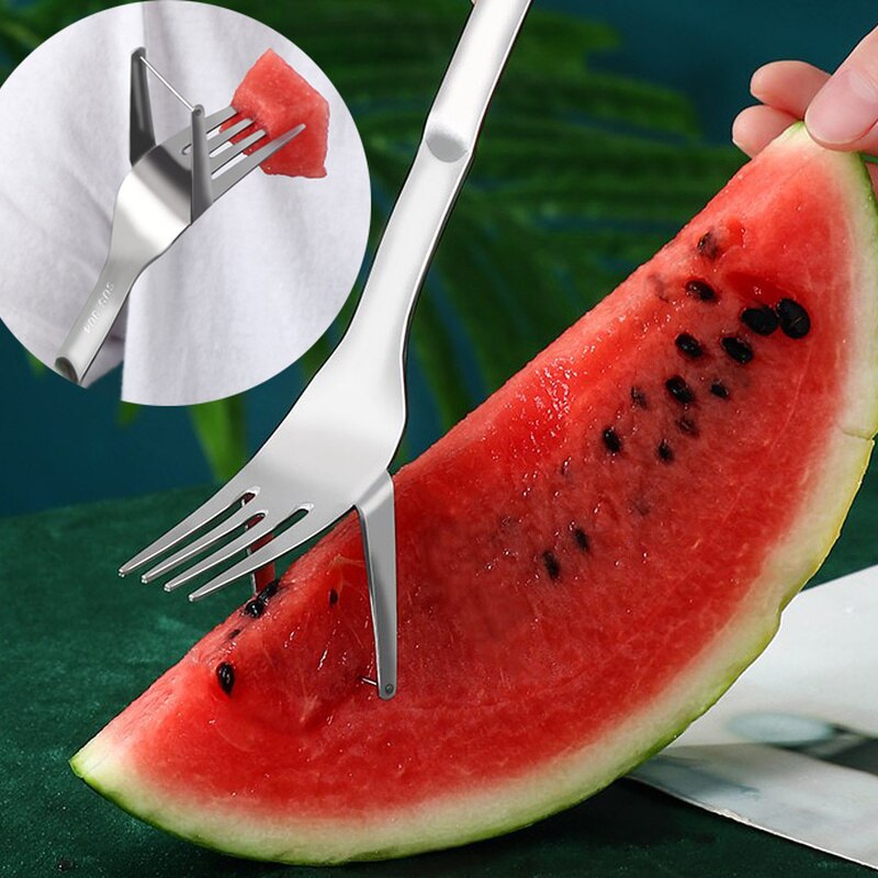 2 In 1 Watermeloen Slicer Rvs Meloen Cutter Fruit Vork Servies Watermeloen Snijden Fruit Gereedschap Keuken Accessoires