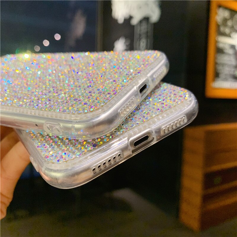 Funda trasera brillante 3D para iPhone, funda suave brillante con diamantes de imitación para iPhone 11 12 Pro Max X XS MAX XR 8 7 Plus SE