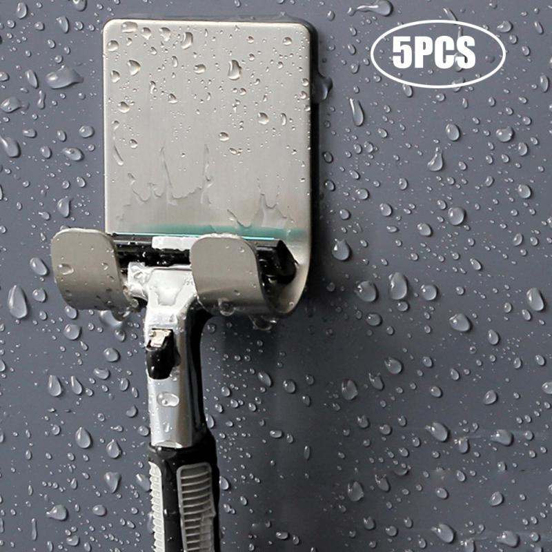 5PC Stainless Steel Razor Holder Wall Men Shaving Razor Straight Stand Shelf Shaving Razor Storage Rack Bathroom Holder Hooks