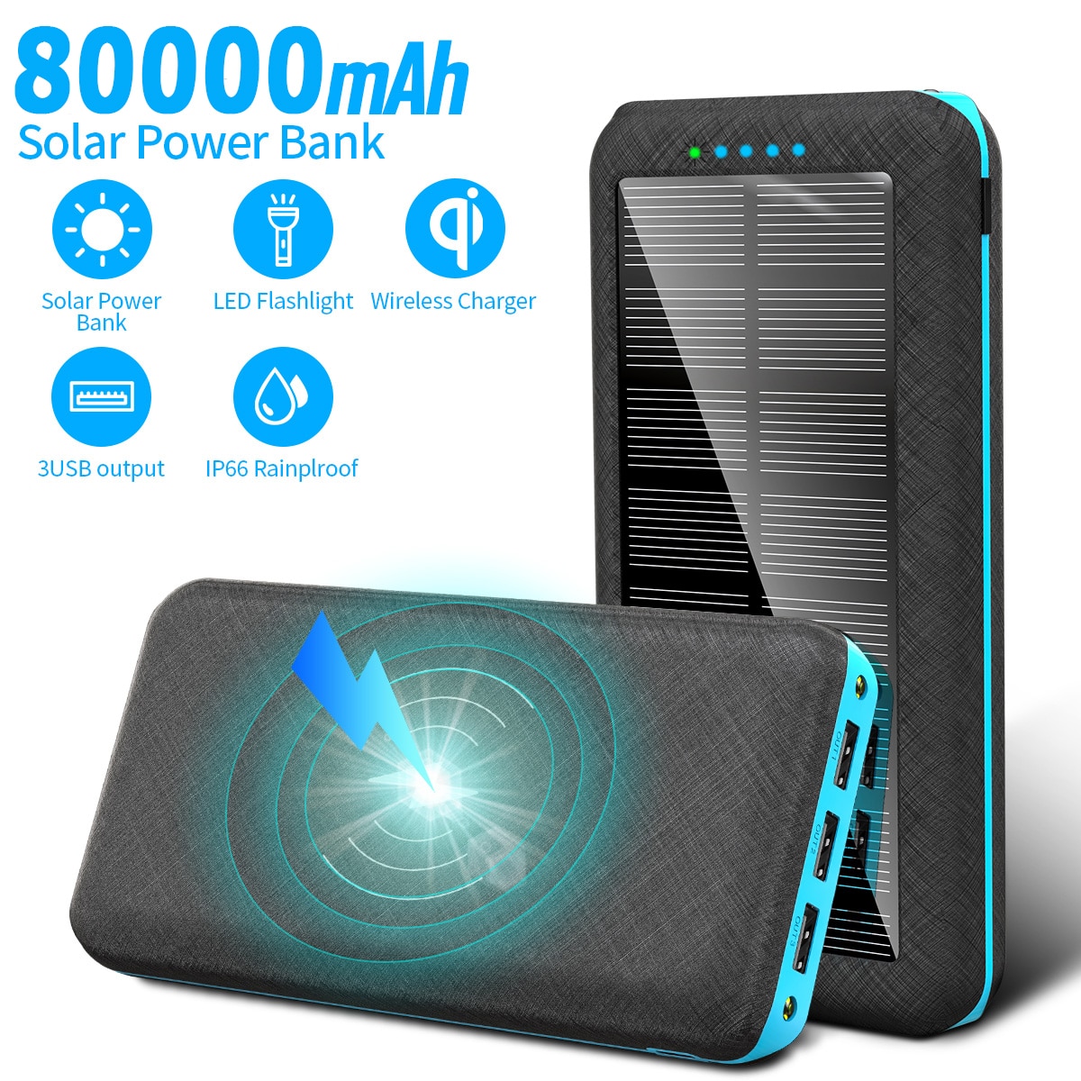 80000Mah Solar Power Bank Snelle Qi Draadloze Outdoor Oplader Draagbare 3USB Telefoon Oplader Voor Xiaomi Samsung Iphone Power Bank