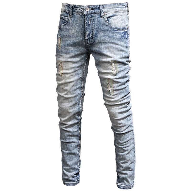 Korean Style Men Jeans Light Blue Embroidery Patches Ripped Denim Trousers Streetwear Elastic Cotton Slim Pants