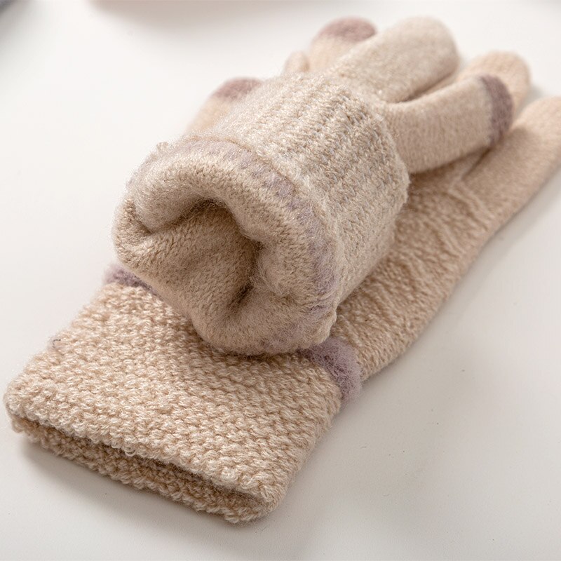 Vinter stickade handskar för kvinnor tjocka varma handskar kvinnlig pärladekoration pekskärm full fingrar handledsvantar damer guantes