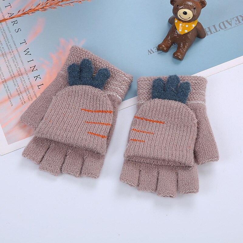 Winter children boys and girls wool gloves 1-5 years old children's knitted half-finger clamshell children's warm and cute 2ST5: gray