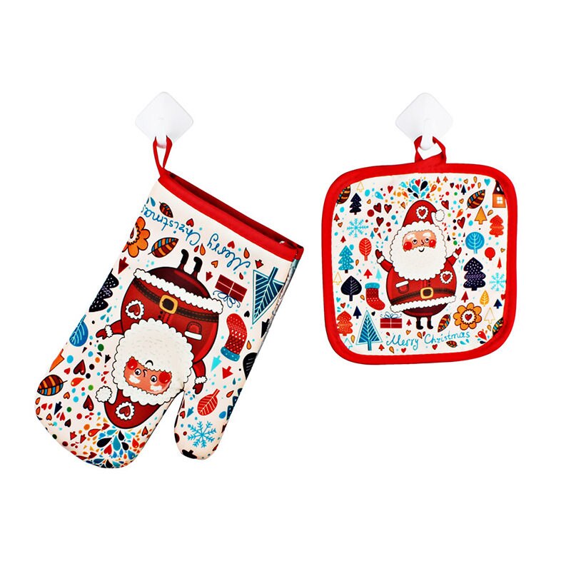 2Pcs/Set Oven Mitts Baking Anti Gloves Non-Slip Cotton Microwave Insulation Mat Christmas Decoration Baking Kitchen Tool: E