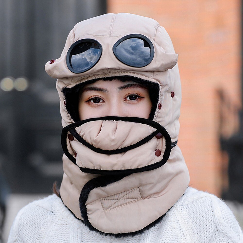 Winter Warm Hat Men Women Riding Cap Scarf Thick Earflap Outdoor Windproof Lei Feng Cap Ski Anti-fog Hiking Cotton with Glasses: Khaki