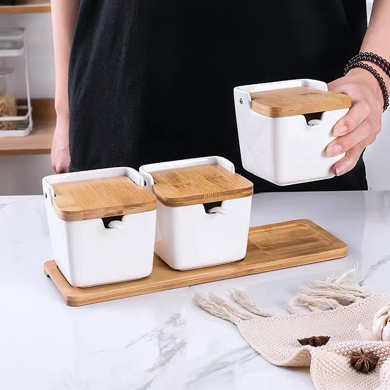 Nordisk minimalistisk keramisk krydderikrukke med bambus låg porcelæn salt opbevaringsboks køkken arrangør krydderier