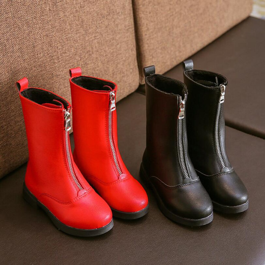 Jaar lente winter meisjes laarzen kinderschoenen leren laarzen meisje warme schoenen wilde meisjes sneeuwlaarzen zwart rood