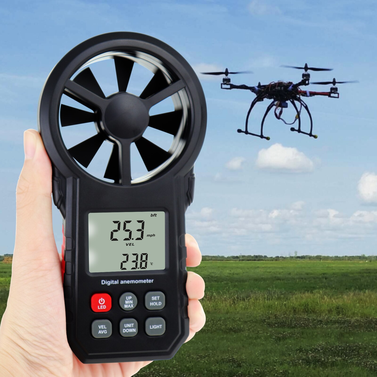 Digital Wind Speed / Air Velocity / Temperature Anemometer Thermometer Barometer Backlight Humidity Meter w/ Tripod Mount Hole