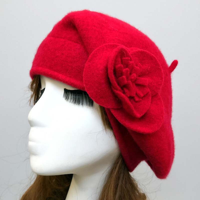 100%  uld baret vinter baretter kvinder vinter filt baret blomster kvinder følte fransk baret beanie fedora hat beanie vinter blomst: Rød
