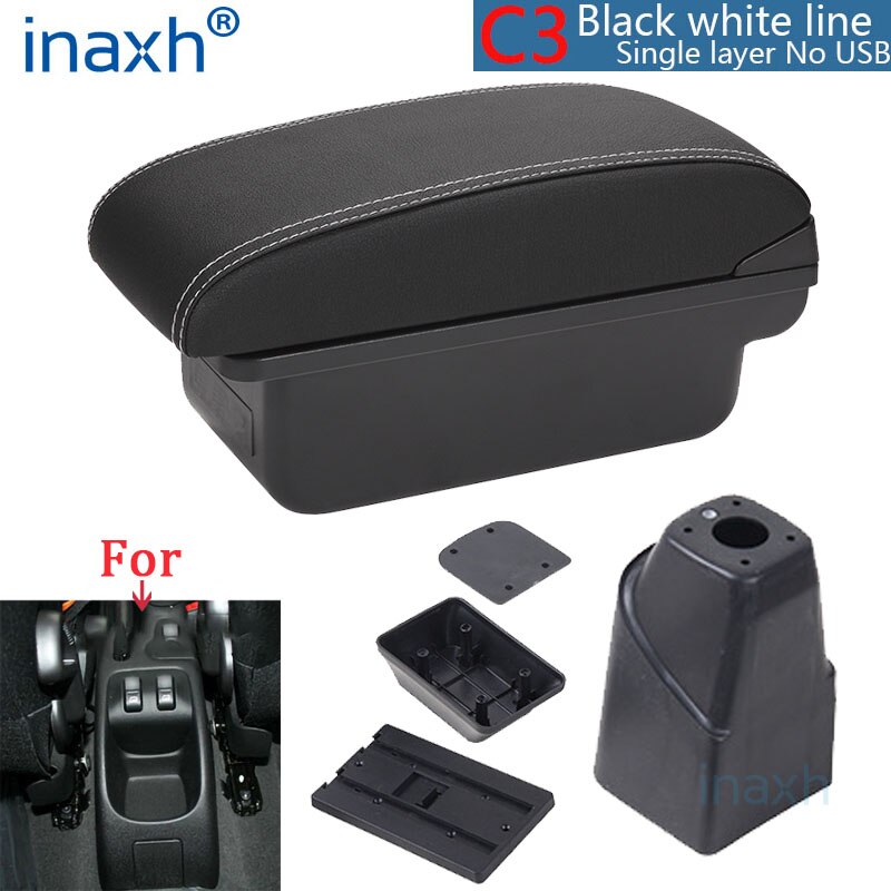 Para PEUGEOT 206 reposabrazos Interior piezas compartimento de reposabrazos para coche modificación Caja de almacenaje de piezas de accesorios de coche Interior con USB LED: C3 Black white NOUSB