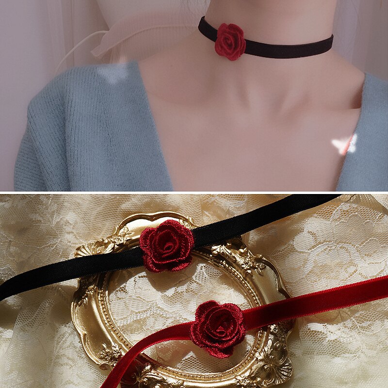 Leuke Lolita Meisje Zoete Rode Bloem Fluwelen Student Zusters Party Choker Vrouwen Mode Fijne Sleutelbeen Keten Korte Hals Ketting