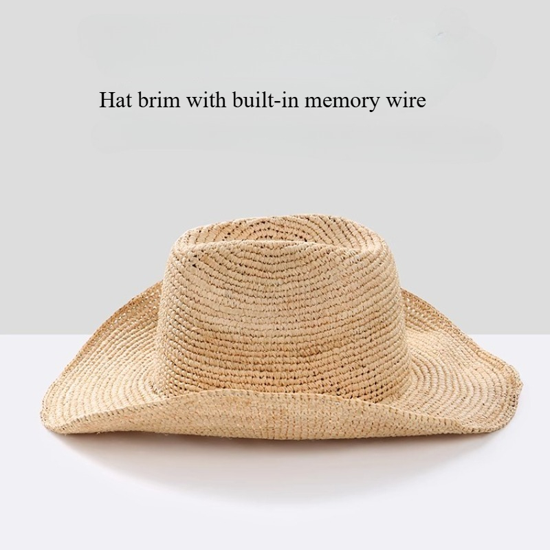 Chapéu de sol de palha de ráfia feito à mão para mulheres chapéu de cowboy de crochê de aba larga com velcro ajustável e fio de memória chapéu de praia de verão