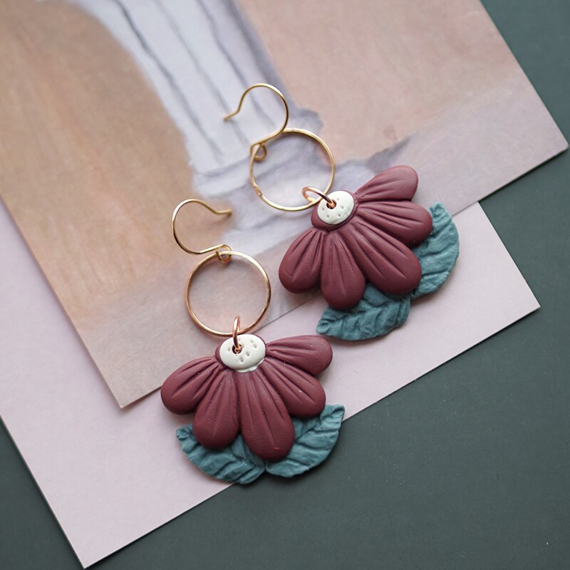 Flower Shape Ring Dangle Multi Colors Big Size Handmade Polymer Clay Spring Collection Earring Sets Statements Jewelry: Purple