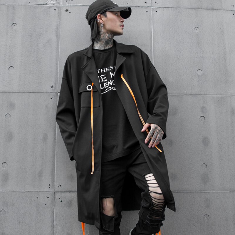 Abrigo Extra largo estilo harajuku para hombre, ropa de calle Punk rock, color negro, Otoño e Invierno