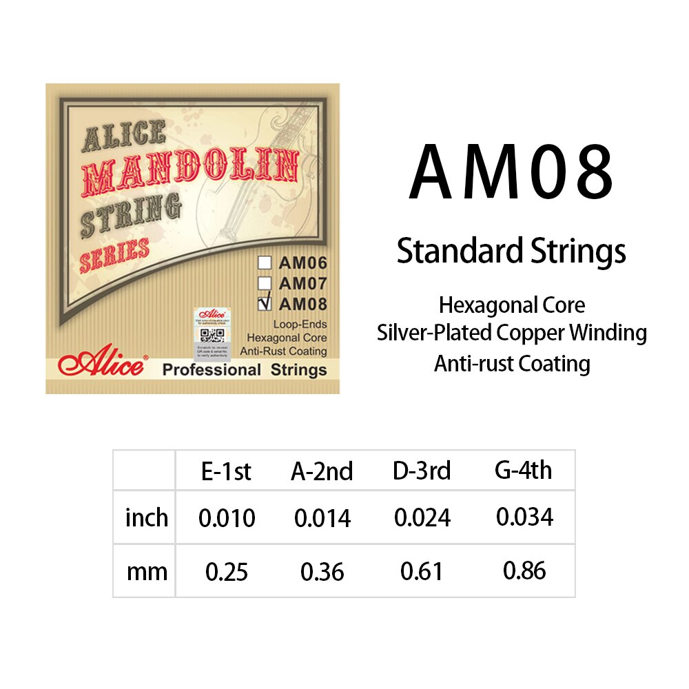 Alice Mandolin Strings 8-String Set Silver-Plated Copper Alloy Winding Music Accessories AM03 AM04 AM05 AM06 AM07 AM08: AM08