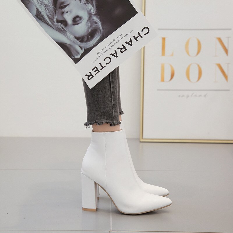 Botines de para mujer, botas Chelsea, zapatos blancos, botines de tacón alto gruesos sexys con cremallera lateral y punta estrecha para Otoño e Invierno