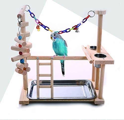 Soporte de juego para loros, parque de juegos para aves, cacatúa, parque infantil de madera, corralito de gimnasio, escalera con alimentador, tazas de juguete (incluye bandeja)
