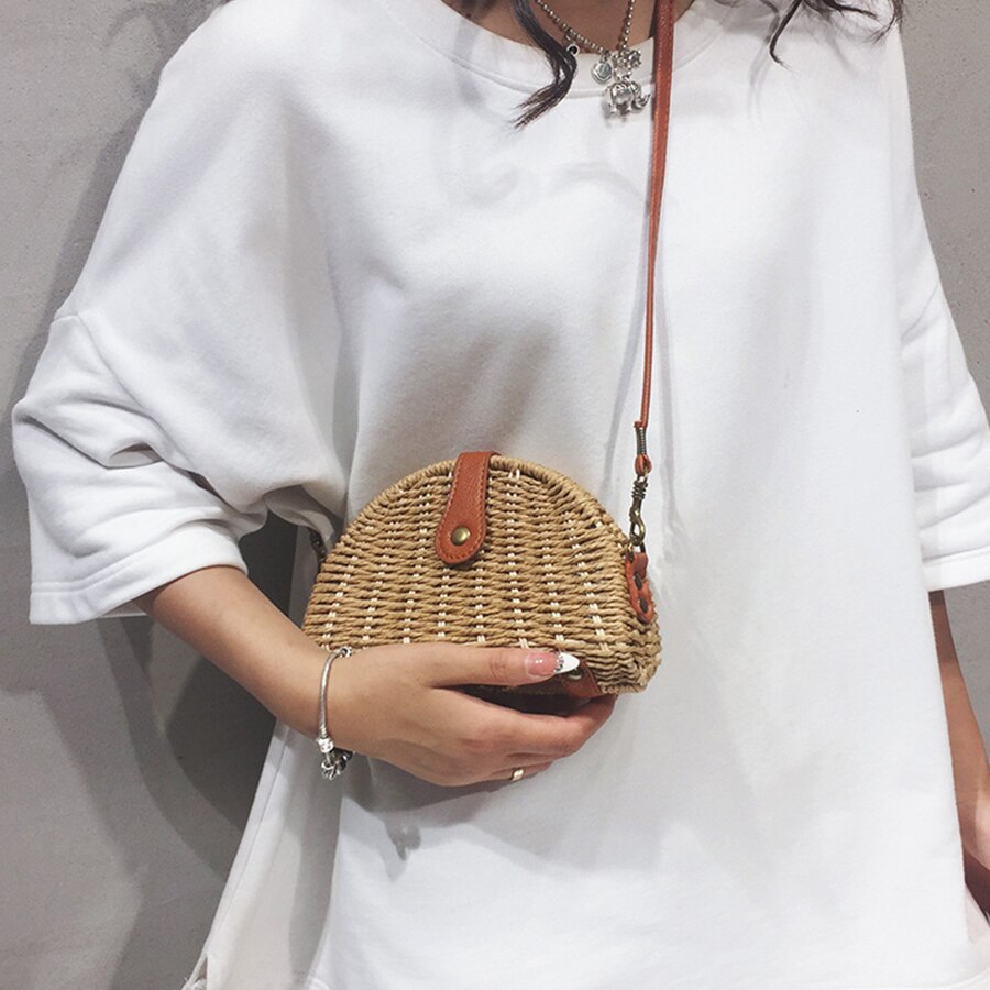 Mini bolsa de paja de verano para mujer, Semicírculo bolso de hombro tejido a mano, informal, cruzado de ratán para playa,