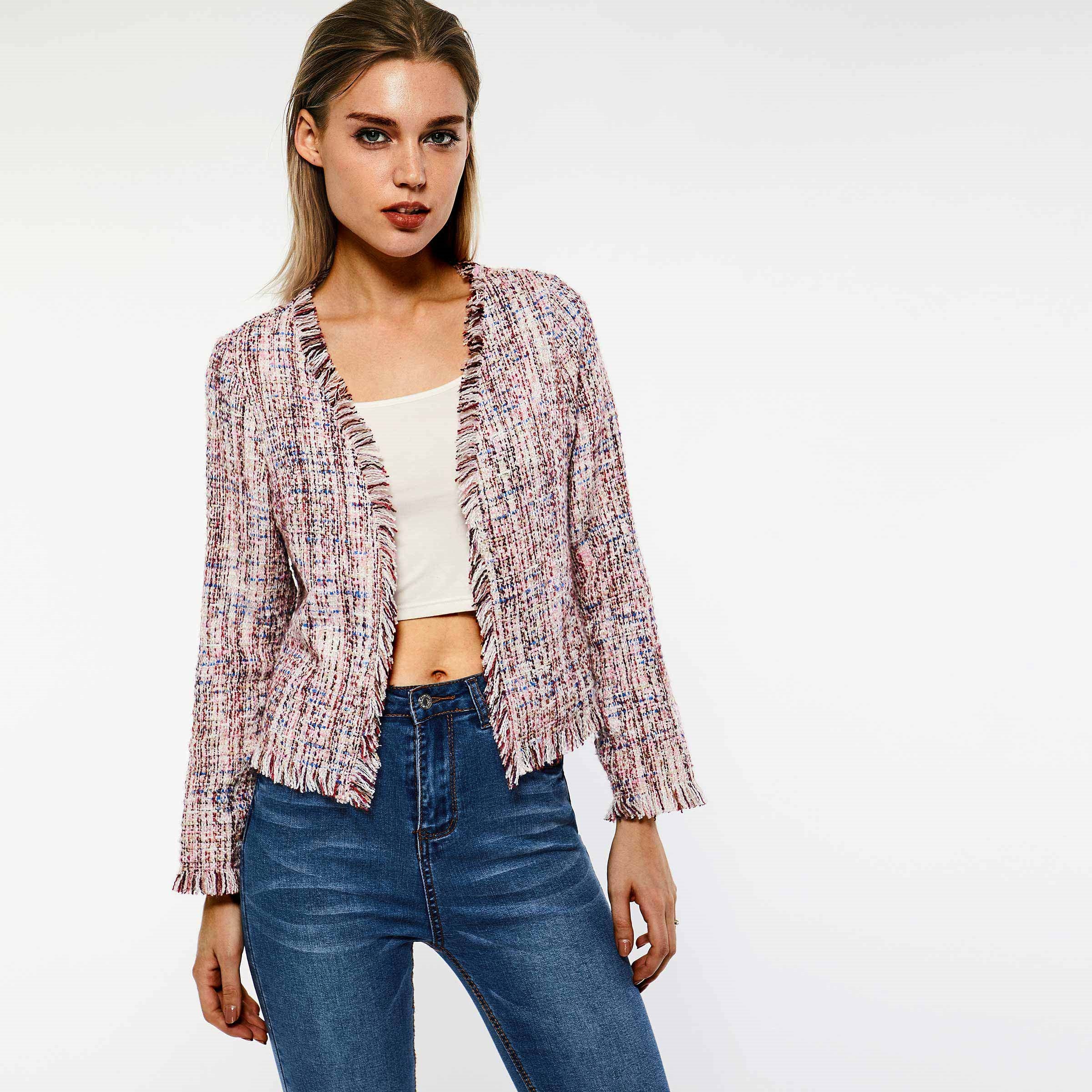 Sisjuly Women Vintage Spring Sweet Pink Tweed Jacket Coat Office Lady Work Retro Boho Tassel Slim Overcoat Short Jackets Coats