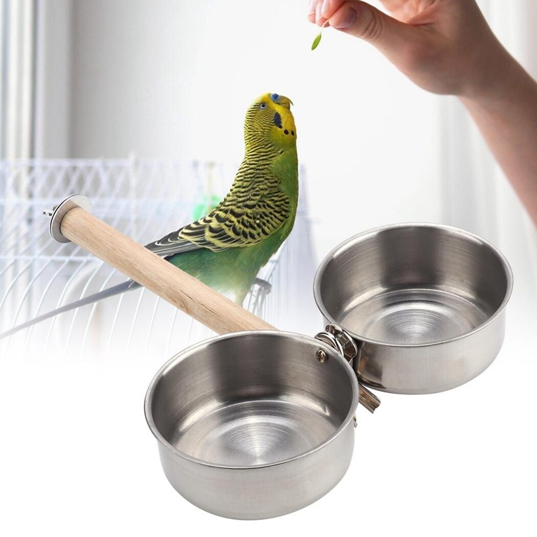Bird Cage Bowl Set Double-bowl Parrot Cup Food Water Bowl with Perch Hanging Bowl Water Food Dish Pigeon Supplies