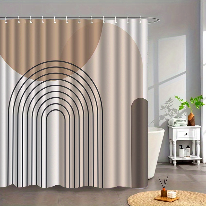 1 cortina de chuveiro com padrão geométrico simples com ganchos - divisor de banheiro de poliéster bege, marrom e branco, lavável à máquina: 180*240 cm