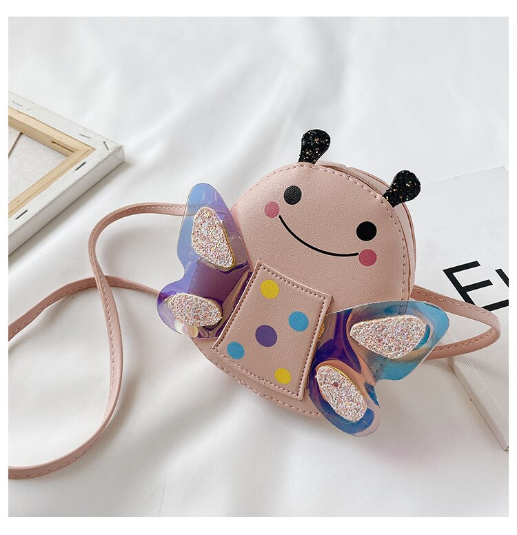 Cute Children Cartoon Bee Shoulder Bag Girl Handbag Kids Long Strap Sequin Mini Bag Baby Zipper Crossbody: Pink