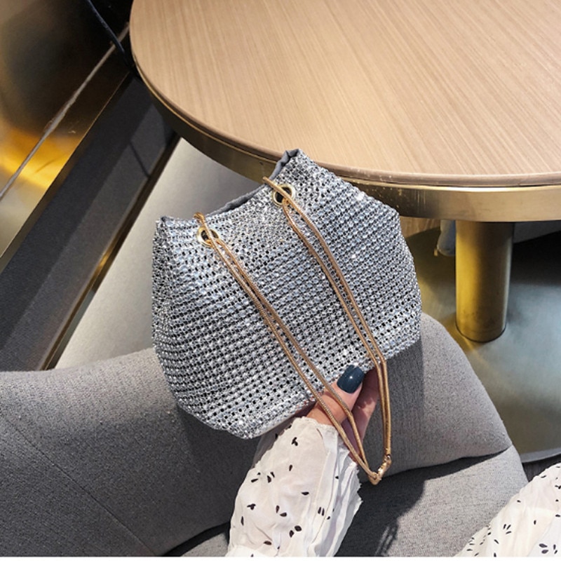 Mode Avondtasje Vrouwen Strass Emmer Tas Kristal Koppelingen Schouder Emmer Zak Shining Cross-Body Handtas