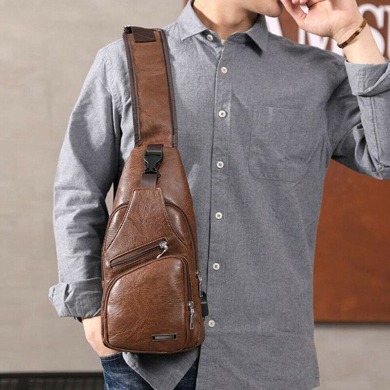 Bolso de pecho de piel auténtica para hombre, bandolera informal, a la , de gran capacidad, para negocios,
