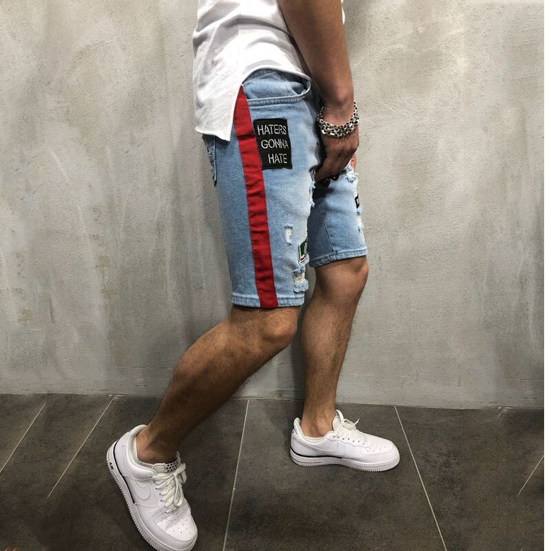 Broderi herr hål shorts jeans hip hop jeansshorts smala män jean