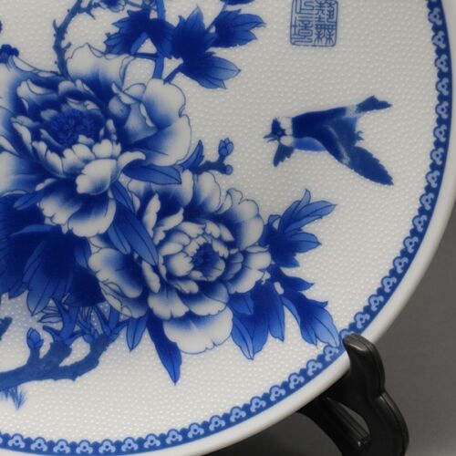 Chinese Blue and white Porcelain painted Peony Swallow Plate w Qianlong Mark