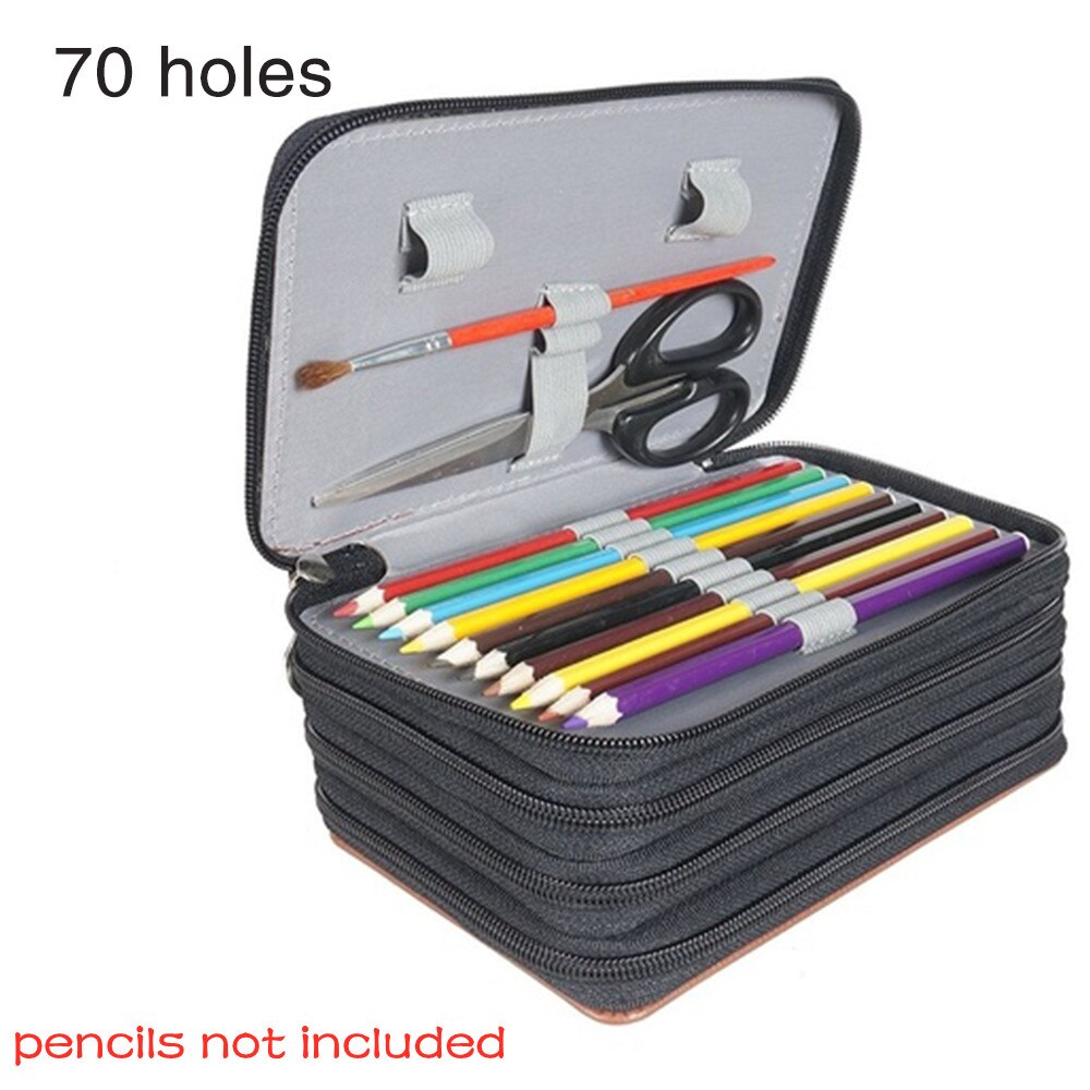 70/127/168 Holes Square Pure Color PU Pencil Case School Pen Bag for Painter Girls Boys Large Pencilcase Box Stationery: Black 70 holes