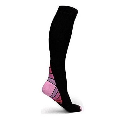 Män kvinnor kompressionsstrumpor nylon färgglada klack långa knähöga atletisk passform strumpor för sport felief av åderbråck: Rosa / L / xl