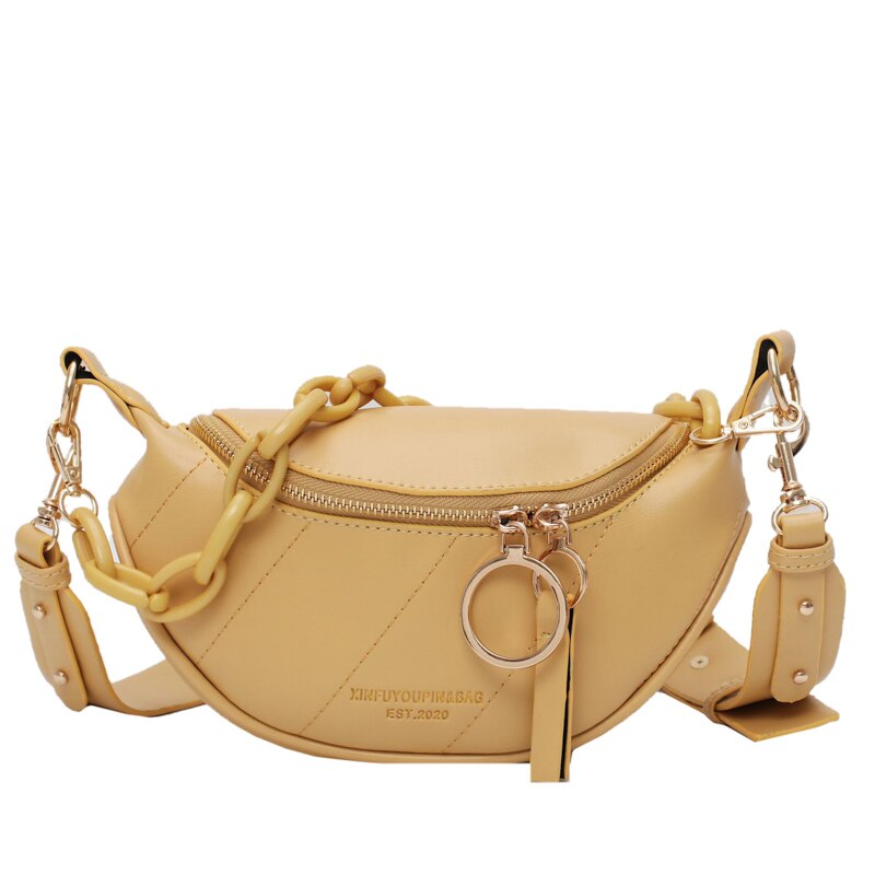 Women's Shoulder blet bag Banana Bag PU Leather Chic Chest Bag Waist Bag Four Solid Color Small Casual Female with chain: Yellow