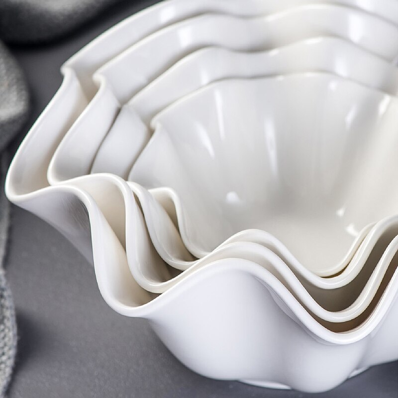 White Ceramic Irregular Salad Bowl Curling Edge Dinner Plates Fruit Kitchen Decor Dishware Platos De Cena