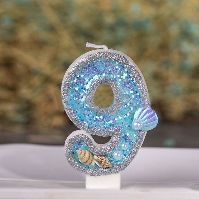 Blue Marine Pearl Shell Glitter Number Birthday Party Candles Cake Toppers Wedding Digital Cakes Dessert Decor Night Decoration: I