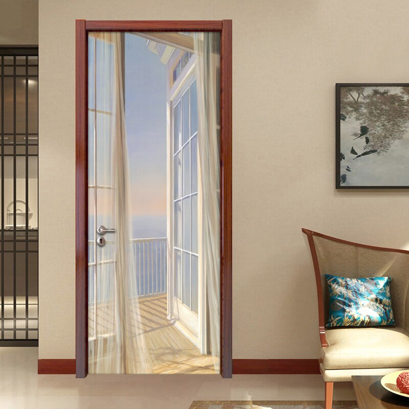 2pcs/set Window Balcony Landscape 3D Door Sticker Poster Wall Paper Waterproof Living Room Bedroom Door Wallpaper Mural Stickers