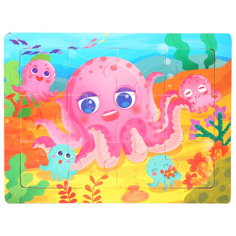 15*11cm 12pcs Wood Puzzle Kids Educational Toys Cartoon Animal/Traffic 3dD Wooden Puzzle Jigsaw Toys For Children: PEACOCK BLUE