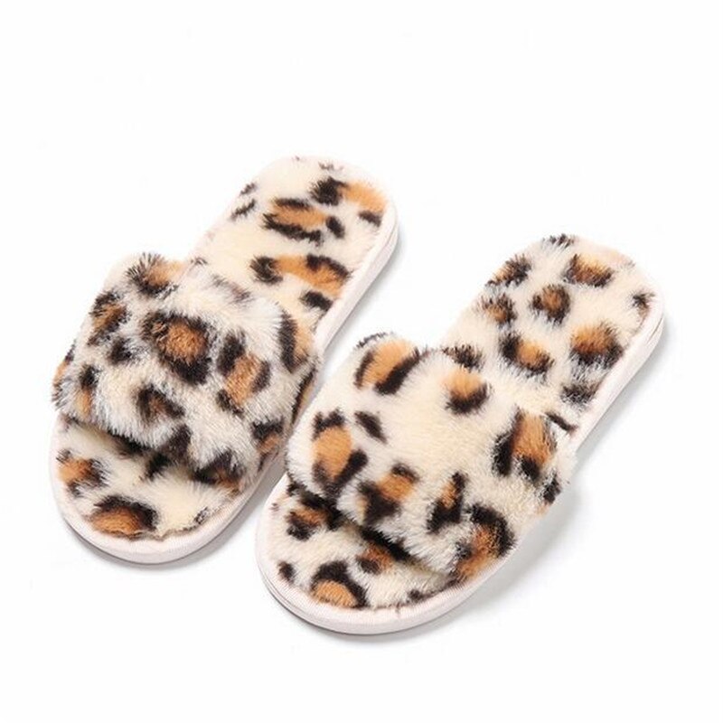 Barn leopard bomull tofflor hem halkfria stum skor barn vinter varma plysch tofflor coola pojkar tjejer tofflor med öppen tå: Beige / 29