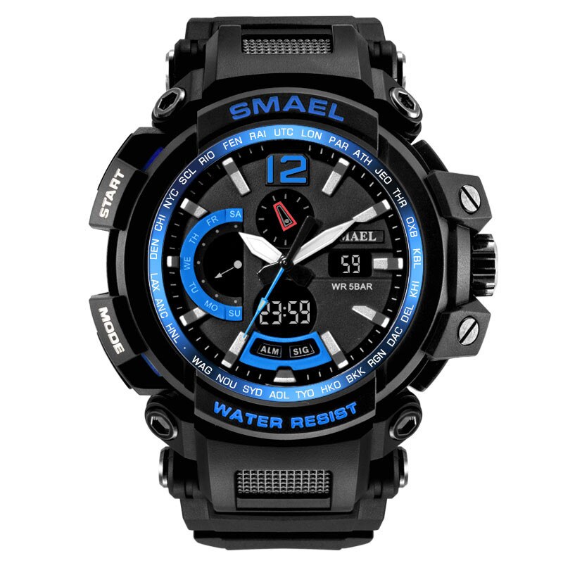 Snelle Levering Smael Mannen Sport Shock Horloge 30M Waterdicht Mannen Klok Dual Display Analoge Digitale Led Elektronische Horloges: Blue 